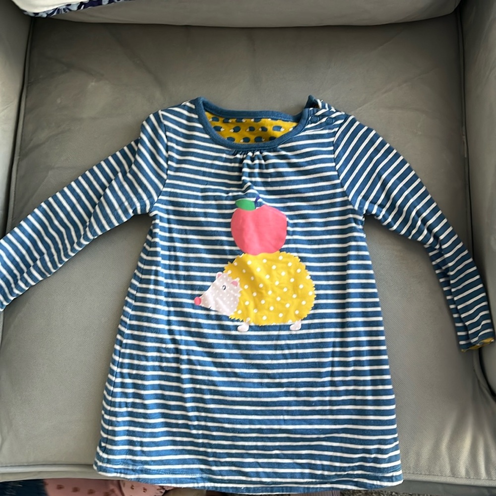 Baby Boden Hedgehog Apple School Blue White Striped Dress 12-18 Months
